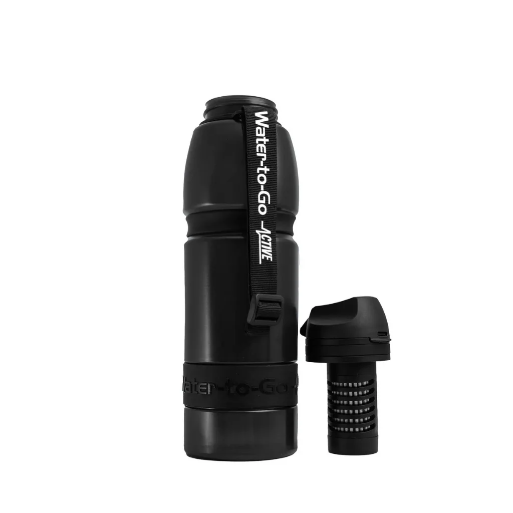 Survival waterfilter fles Water-to-Go Eco-Active 1 liter met afneembare dop en geïntegreerd 3-in-1 filter voor water zuiveren tijdens survival en outdoor