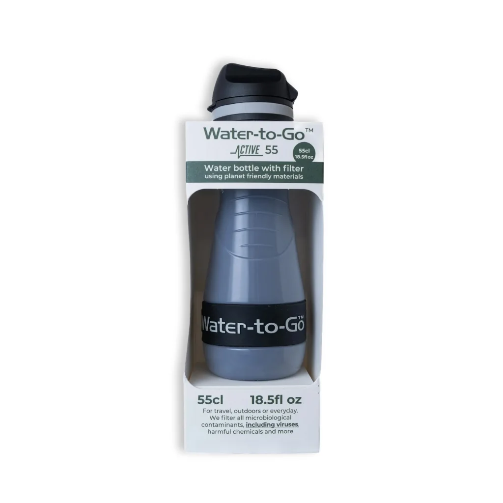 Waterfilter voor noodpakket en noodsituaties – Water-to-Go Eco-Active 55cl in zwart in de verpakking