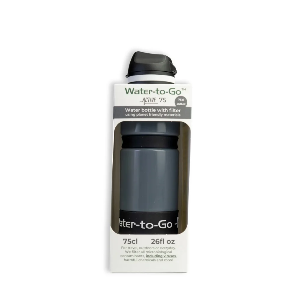 Zwart/Witte Water-to-Go Eco-Active 75cl fles met waterfilter voor outdoor en reizen in duurzame verpakking