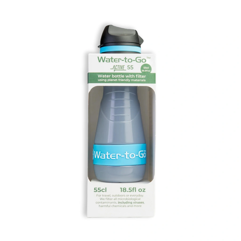 Waterfilter voor noodpakket en noodsituaties – Water-to-Go Eco-Active 55cl in blauw in de verpakking