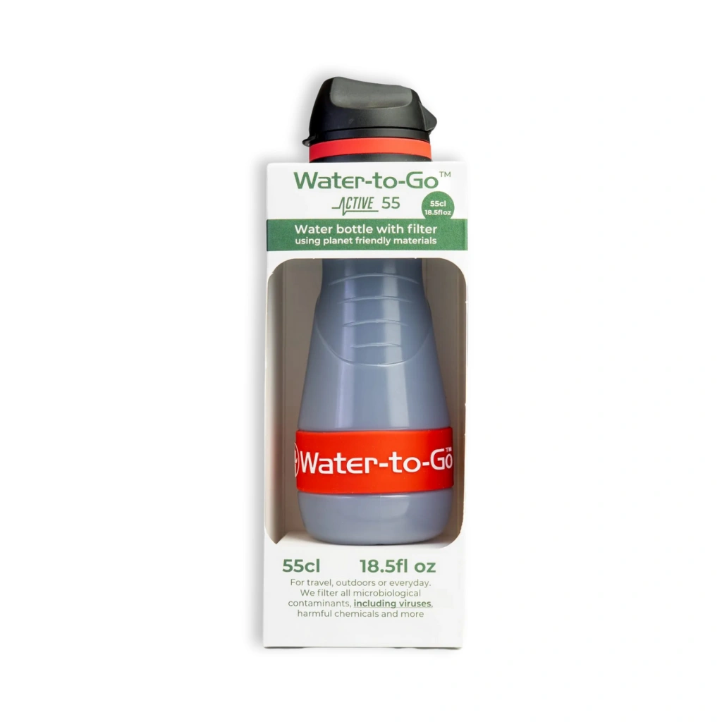 Waterfilter voor noodpakket en noodsituaties – Water-to-Go Eco-Active 55cl in rood in de verpakking
